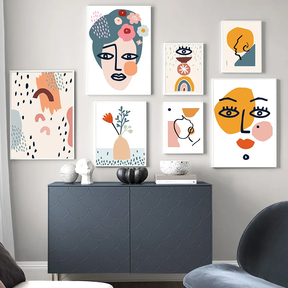 

Abstract Lines Woman Face Flower Rainbow Wall Art Canvas Painting Nordic Poster And Prints Wall Pictures For Living Room Decor