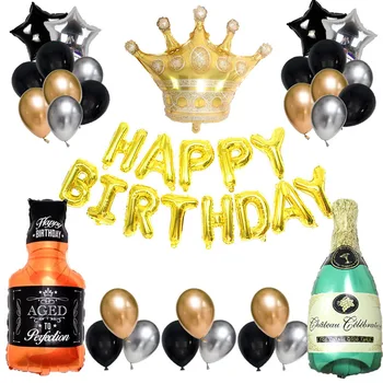 

Happy 30th Birthday Party Decoration Gold Crown Champagne Glasses Whiskey Bottle Foil Balloon adult Party latex Balloons crown