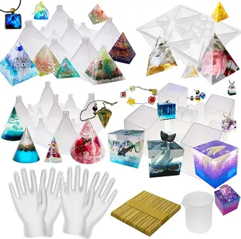 

Pyramid Cone Cube Geometric Resin Silicone Molds Pack for Jewelry Making with Gloves Rubber