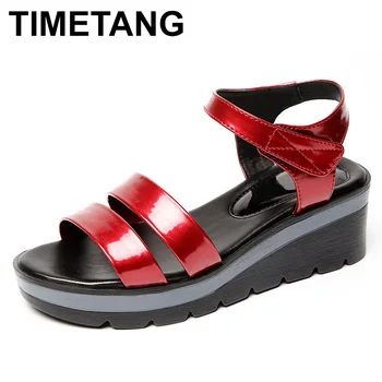 

TIMETANGPlus Size 35-43 Women's Patent Leather Bright Sandals Summer Shoes 2019 Medium Wedge Heels Platform Sandals Women Casual