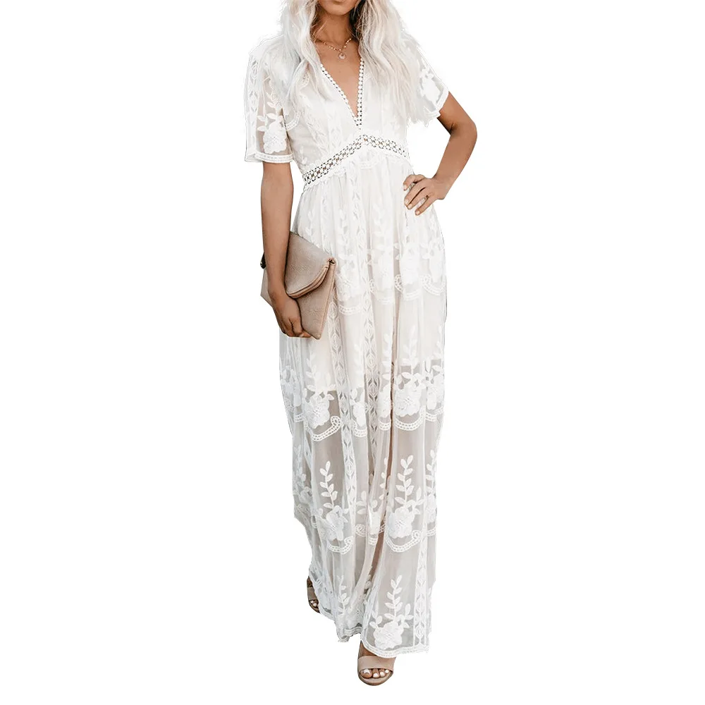 lace dress Echoine, женское белое платье, кружевное, с вырезом, v-образный вырез, макси, платья, женское, бохо, Пляжное, длинное, сарафан, вязаное крючком, кружевное, элегантное, Vestidos - Цвет: lace dress
