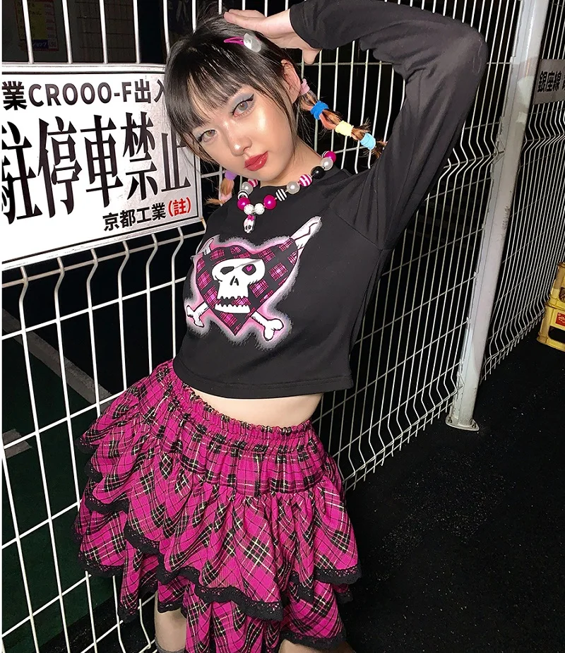 Japanese Harajuku Punk Rose Pink Lace Ball Gown Cake Skirts Gothic Lolita Kawaii Plaid Mini Skirt y2k skirt