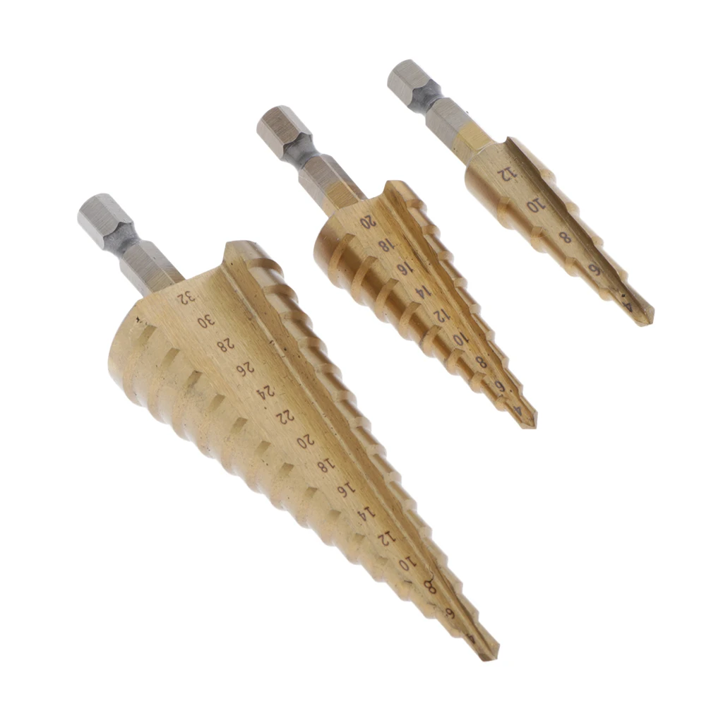 3 Pieces Titanium Coated HSS Step Drill Bit Set Hex Shank Kit for Iron Plate, Aluminum, PVC Board 4mm to 32mm