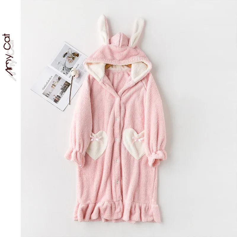 Милый плюша на меху с капюшоном и застежкой с оборками Robe теплые ботинки с хлопковой подкладкой Домашняя одежда размера плюс Для женщин Пижама, пикантная сорочка с героями мультфильмов длинные трусы