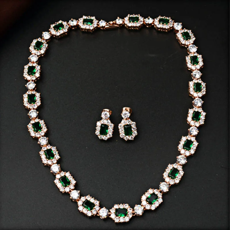 Dazz Classic Square Zircon Champagne Gold Necklace Earrings Ladies Banquet Collar Jewelry Bride Wedding Luxury Accessories Gifts
