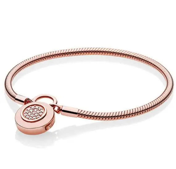 Настоящий 925 пробы серебряный браслет с логотипом розы, фирменный замок, гладкий Змеиный браслет, подходит для бусин, шарм, сделай сам, модное ювелирное изделие