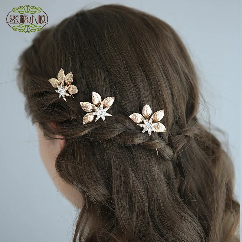 C194 Europe And America Handmade Headdress Man-made Diamond Leaf Bride Hairpin U-Shaped Diamond Set Wedding Accessories