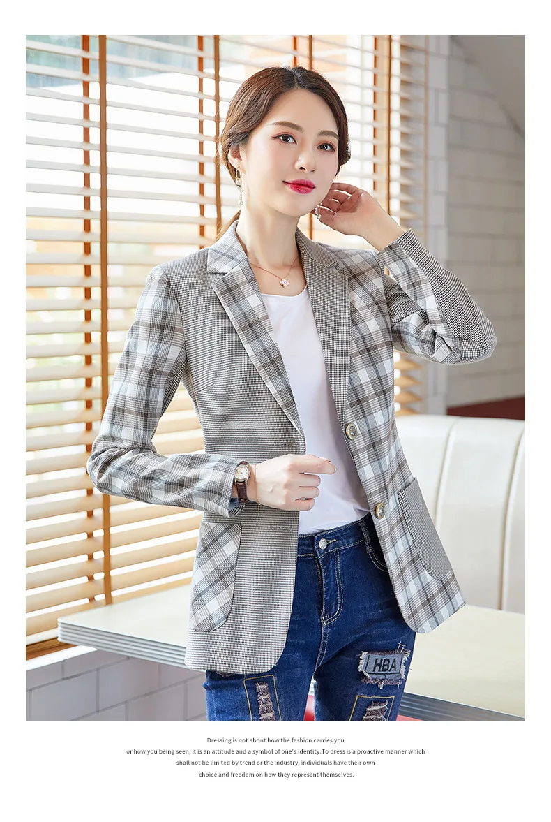 High quality ladies blazer Autumn new stitching lattice double pocket suit jacket Female office blazer new women's clothing