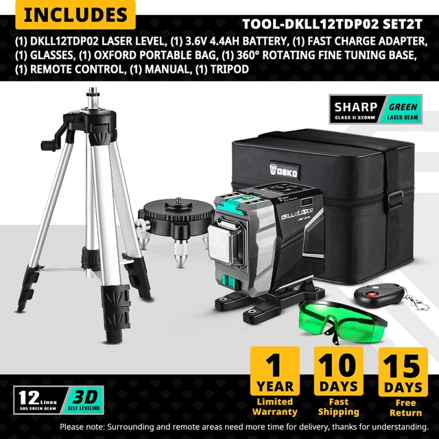 DEKO 12 Lines 3D Green Laser Level Horizontal&Vertical Cross Lines 520nm,Auto Self-Leveling, High-Precision (DKLL12tdP02 Series) DKLL12tdP02-S2-T