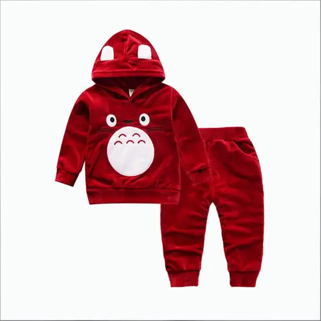 Модные детские костюмы с героями мультфильмов для мальчиков и девочек; Детские Бархатные толстовки с капюшоном и штаны; комплект из 2 предметов; весенне-осенние хлопковые спортивные костюмы для малышей - Цвет: Красный