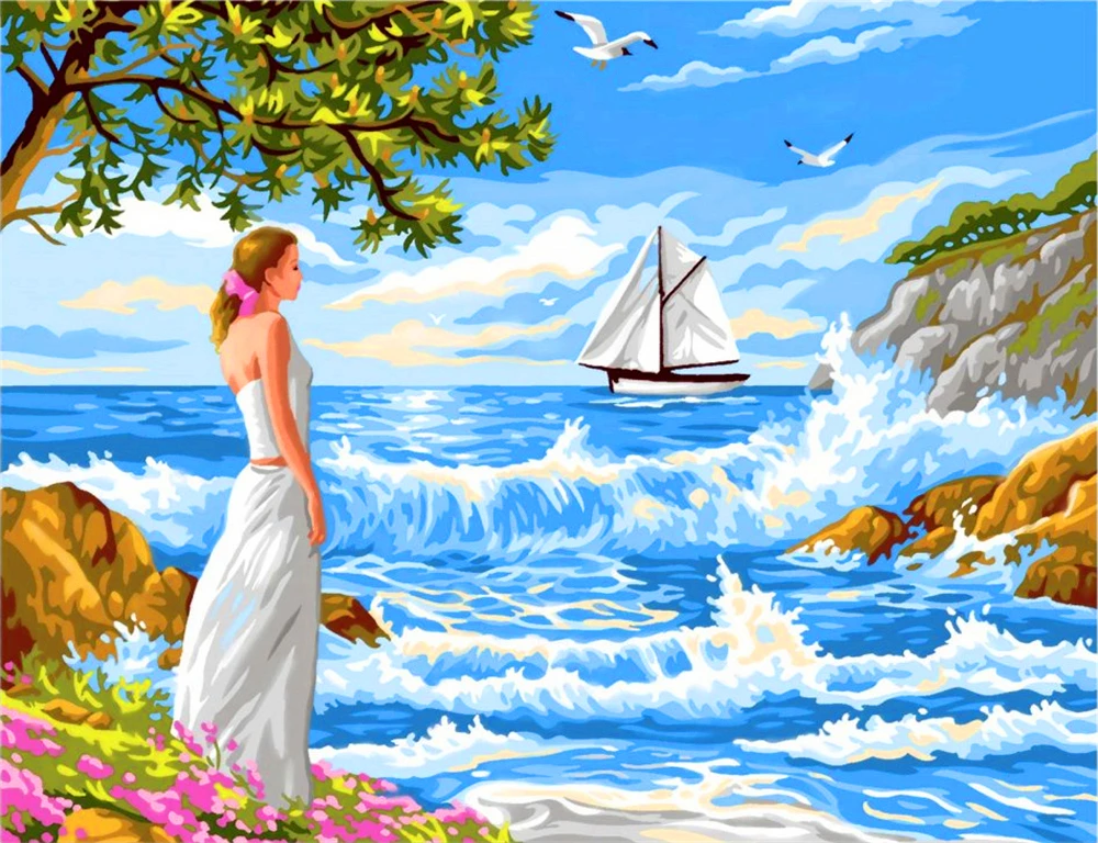 

Girl Shoreside Theme Painting by Numbers with Combo Inner Frame Packed in Colorful Box with 4050 size Colorful Canvas and Brushs