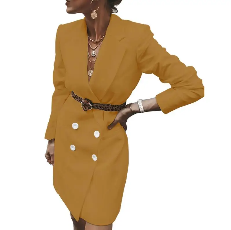 Женский модный Сексуальный Приталенный Блейзер с поясом и v-образным вырезом, женское платье с поясом, темпераментное офисное платье с длинным рукавом, Дамское осеннее платье - Цвет: Цвет: желтый