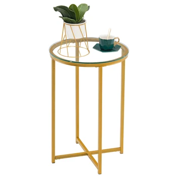 

Coffee Table End Table Side Table Simple Cross Foot Single-Layer Glass Round Edge Table 40.5 Round Gold US Warehouse Stock