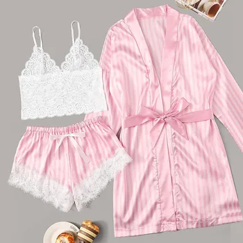 

3PC Women Sleepwear striped Robe Lace satin sexy lingerie Wireless Bra Camisole Shorts Pajamas Babydoll Nightdress Nightgown