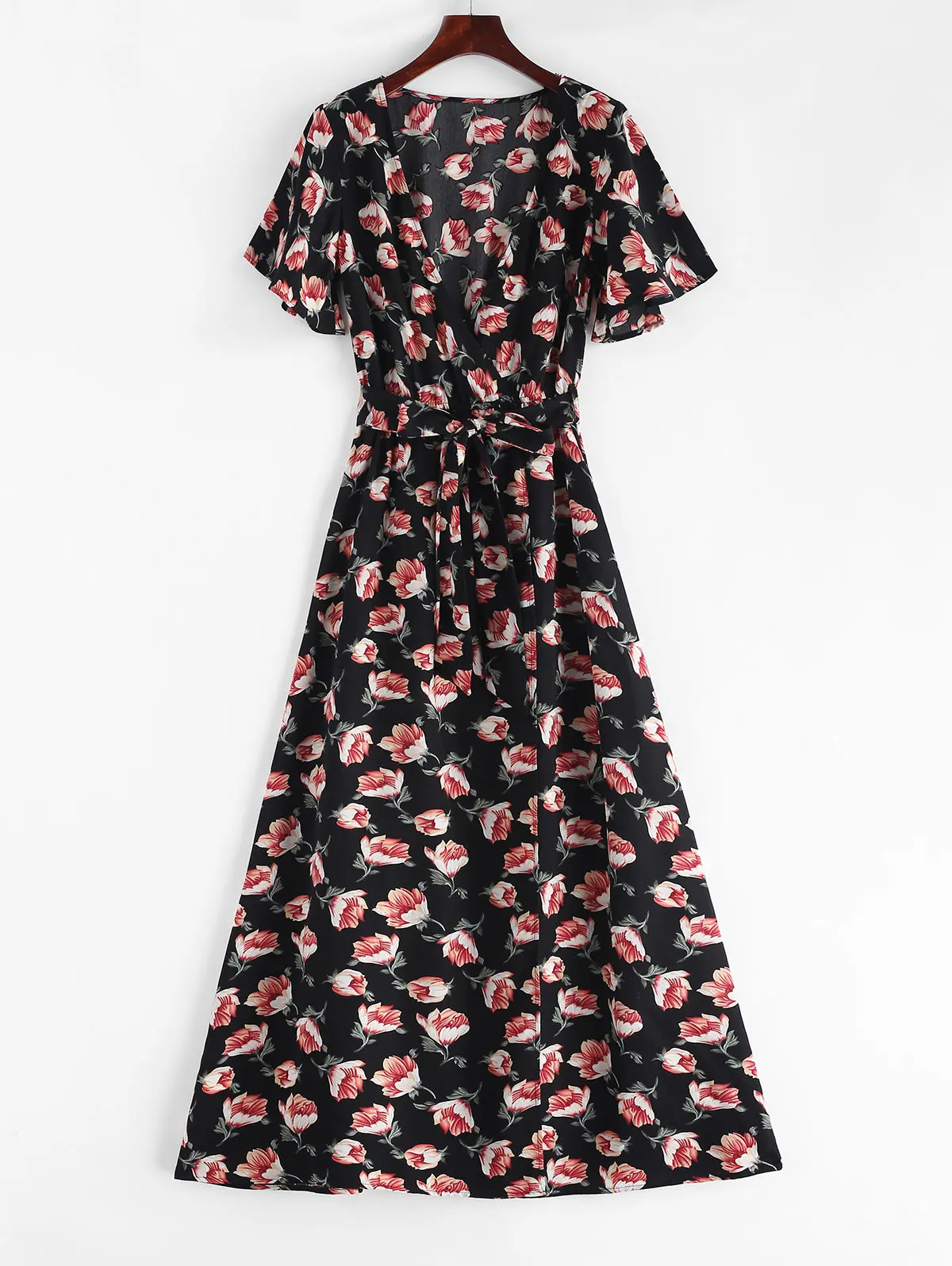 ZAFUL Crossover Maxi Floral Print Dress For Women A-Line Ankle-Length V-Neck Short Sleeves Self Tie Belt Dress Elegant