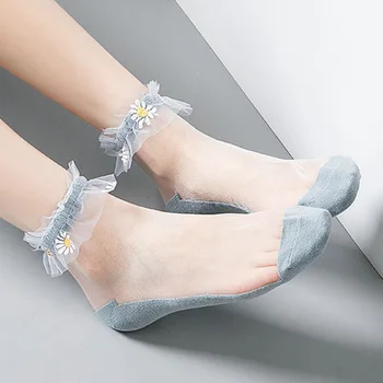 

1 Pair Breathable Ultra Thin Socks Summer Women Transparent Lace Crystal Silk Daisy Flower Ruffle Girls Elastic Short Socks