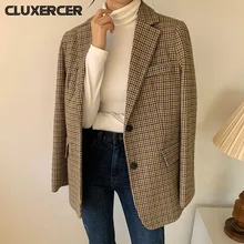 Korean Women Elegant Plaid Blazer Long Sleeve Single Breasted Slim Coat Office Work Lattice Suit Jacket Outerwear