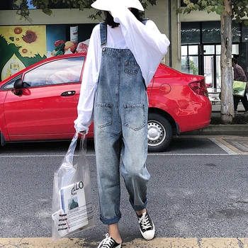 

Women College Wind Multi-pocket Loose Straight Denim Straight Casual Bib Trousers