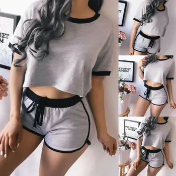 

Summer Women Jogging Gym Casual Tracksuit Fashion T-shirt Pants Suit breathable Solid Color Loose Tie Pajamas Home Clothing
