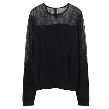 

2020 Sexy See-Through Lace Patchwork Knitted Pullovers Split Sweater Shirt Long Sleeve Elegant Ladies Fashion Jumper Tops Club