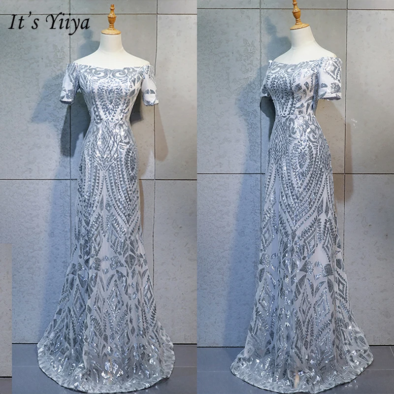 

It's Yiiya Evening Dress 2019 Short Sleeve Boat Neck Sequins Trumpet Dresses Contrast Color Elegant Formal Long Dresess E1018