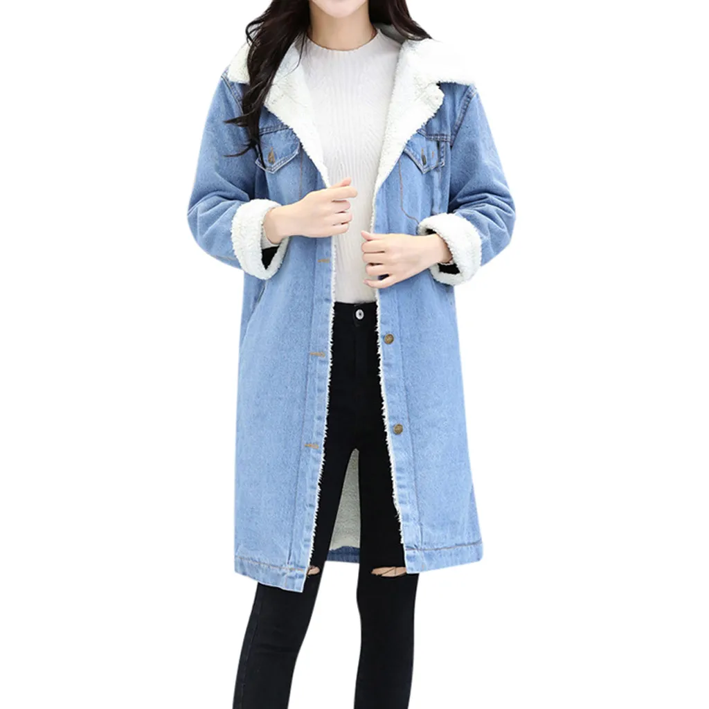 Зимняя женская синяя джинсовая утепленная куртка флисовое джинсовое пальто в стиле панк Джинсовая длинная верхняя одежда chaqueta mujer Новейшие Модные Карманы A50