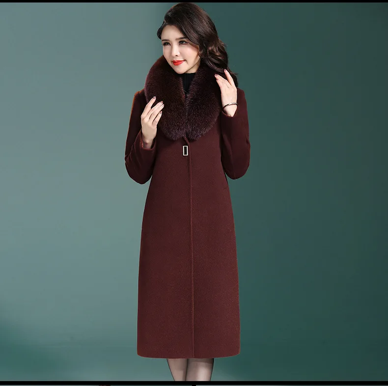 Натуральным лисьим мехом меховой воротник кашемировое пальто на зиму Для женщин Элегантная облегающая юбка большого Размеры пальто шерсть высокого качества, пальто из смесовой ткани уличная 4xl D190824