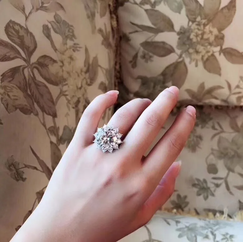925 пробы Серебряное кольцо на палец с цветком солнца, большое кольцо AAA 10 карат, Sona, циркон, камень, обручальное кольцо, набор для женщин, ювелирное изделие