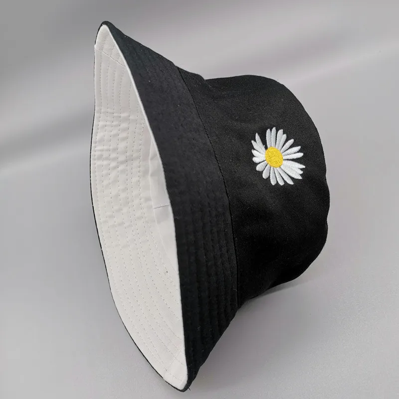 Double-side Unisex Harajuku Bucket Hat Fishing Outdoor Cap women Bucket fishing Hats Sunscreen Daisy embroidery fisherman hat