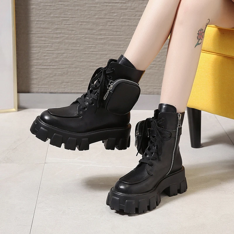 

Siddons 2020 New Design Pocket Motorcycle Boots Women Platform Shoes Cross0-Tied Black Leather Military Shoes Woman Ankle Boots