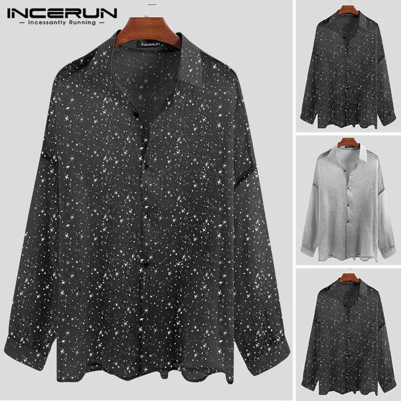 

Fashion Sexy Men Transparent Shirt Shiny Button Long Sleeve Chic Loose Tops 2019 See Through Party Nightclub Men Shirts INCERUN