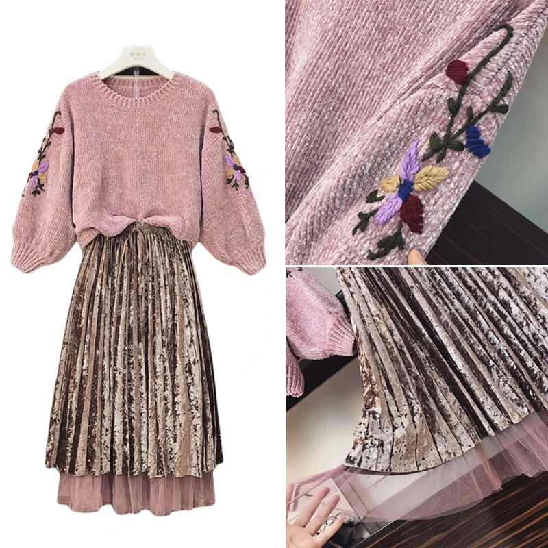 Осенне-зимний комплект из двух предметов, бархатные платья, винтажное платье, элегантное платье для женщин, Корейская одежда, свитер+ юбка, комплекты размера плюс