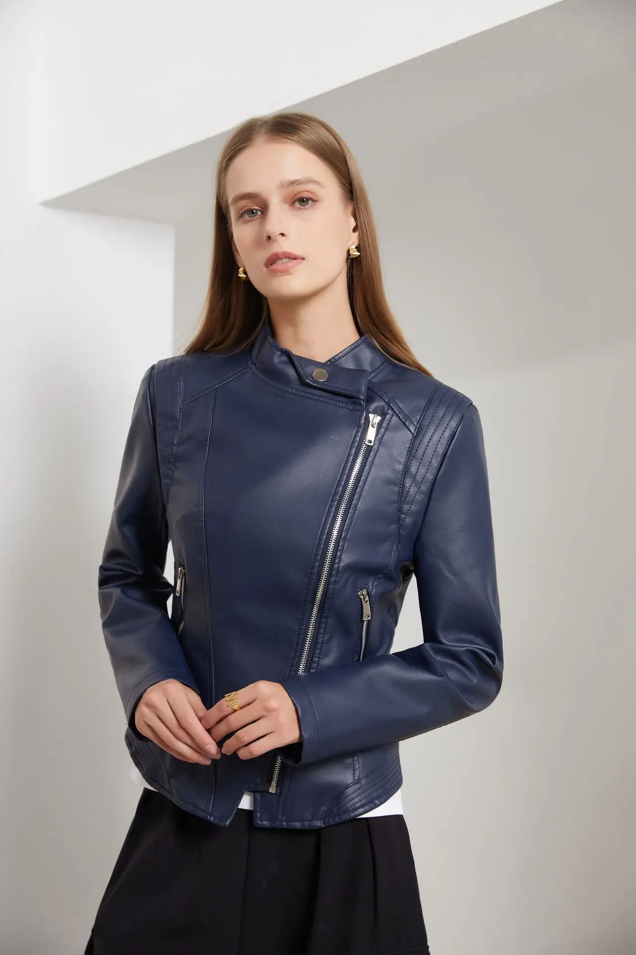 2022 New Spring Autumn PU Leather Jacket Women Slim Fit Short Coat Solid Long Sleeve Ladies Outwear