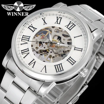 

T-winner Brand Hot Mechanical Stainless Steel Band Mens Watches Skeleton Cheap Hand Winder Mechanical Steel Men Watch