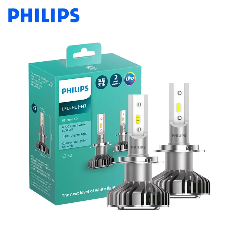 Philips LED H4 H7 H8 H11 H16 9003 Ultinon LED 6000K Cool Blue White Light + 160% Brighter Car Headlight Compact Design, Pair - AliExpress