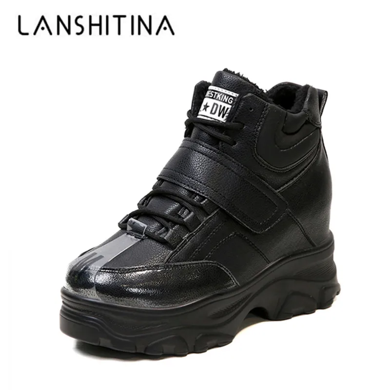 Женские зимние ботинки на танкетке теплые меховые кроссовки платформе 9 см обувь