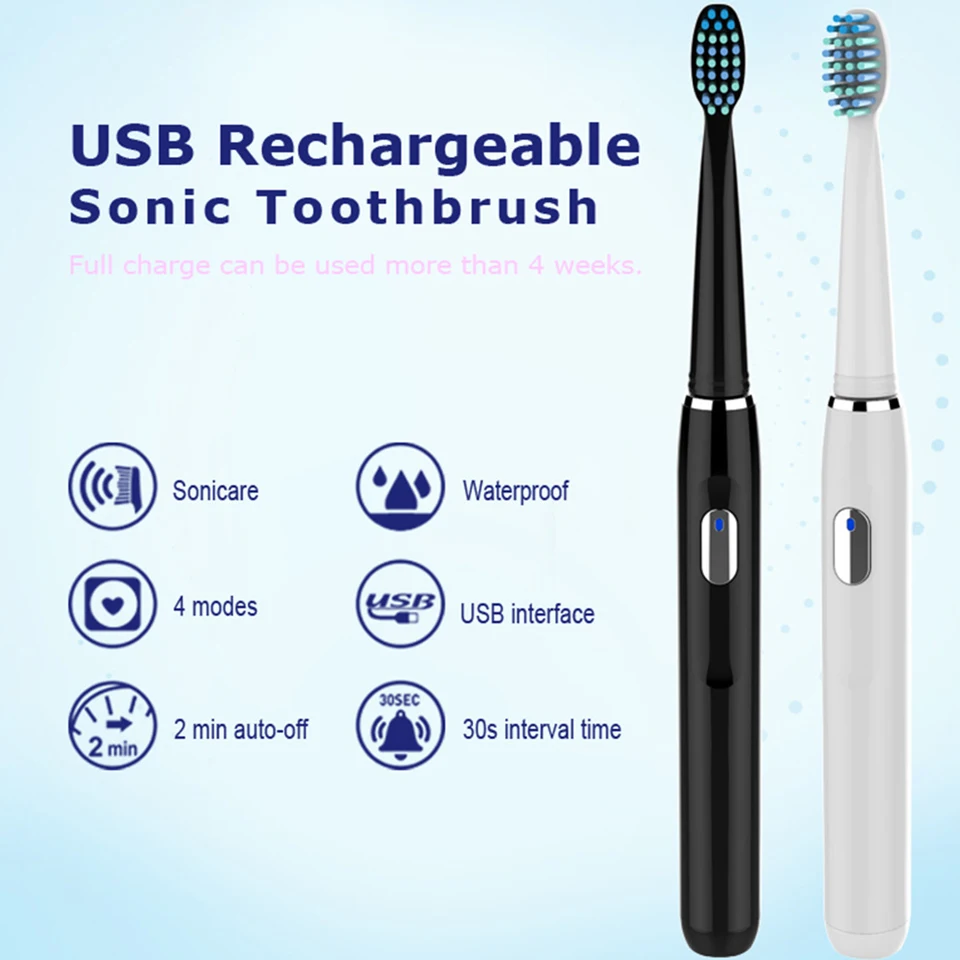 Seago-551 Sonic электрическая зубная щетка для взрослых, щетка для путешествий, 4 режима, USB зарядное устройство, перезаряжаемая зубная щетка, Сменная головка, 3 щетки