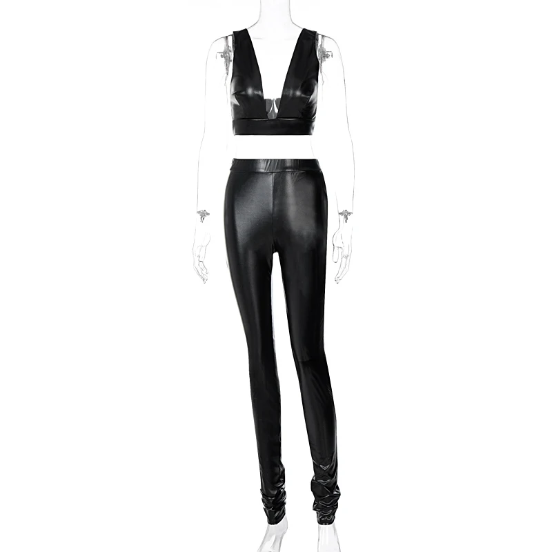 Hugcitar 2020 Sleeveless Solid Pu Leather Backless Bra Top Leggings 2 Pieces Set Autumn Winter Women Sexy Streetwear Tracksuit 6