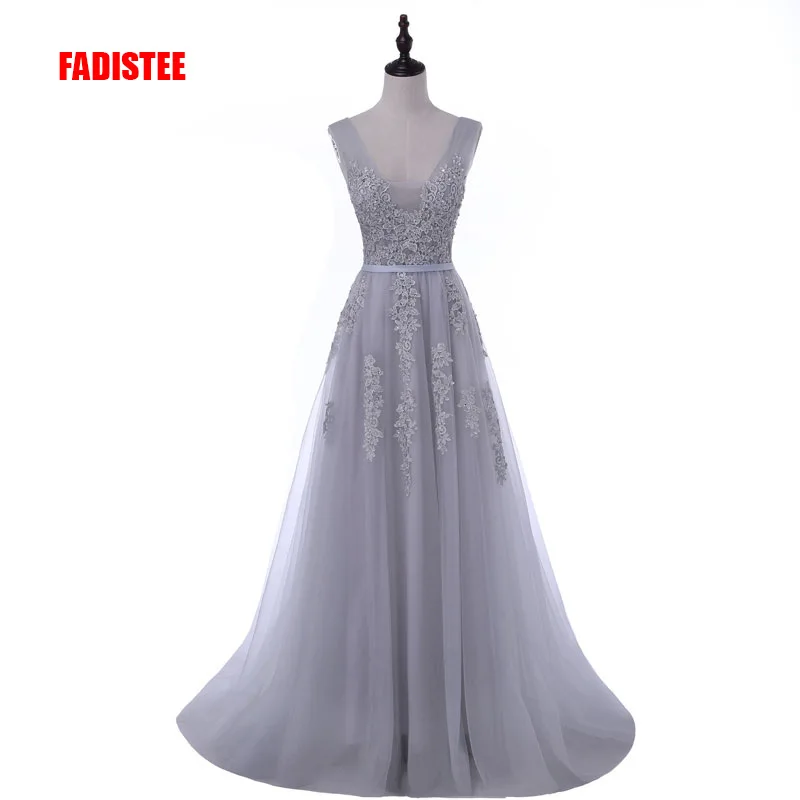 FADISTEE vestido de festa, милое Розовое Кружевное длинное вечернее платье с v-образным вырезом, вечерние платья невесты, сексуальные платья с открытой спиной и бусинами, платья для выпускного с жемчугом на шнуровке - Цвет: gray