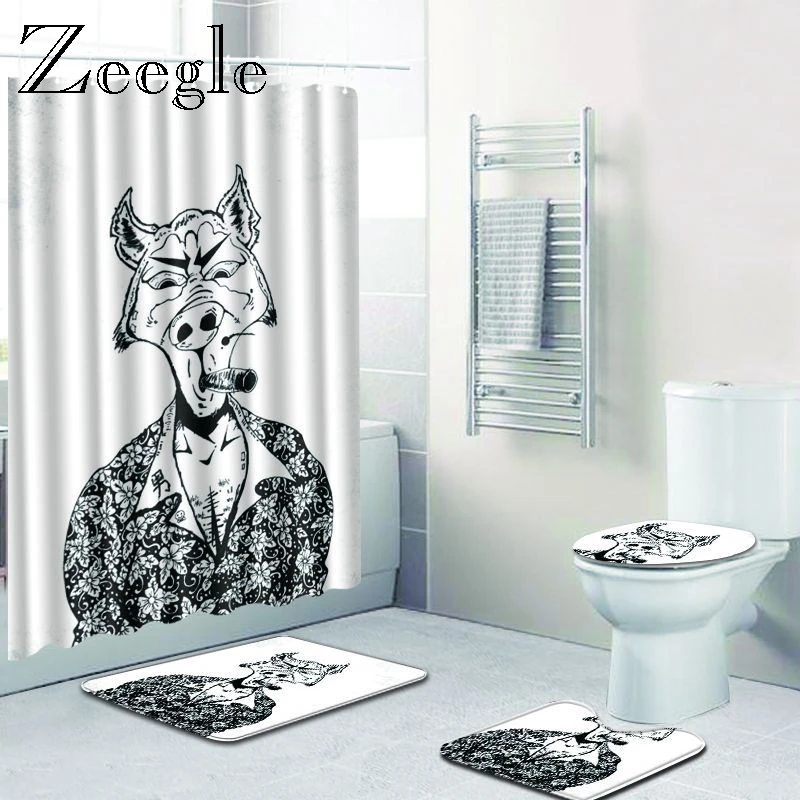 Zeegle Printed Cartoon Bath Mat and Shower Curtain Set Toilet Seat Cover Pedestal Mat Bathroom Floor Mat Bathroom Accessories