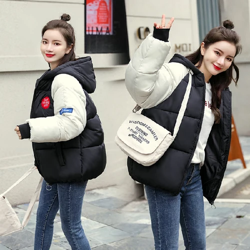 Женское пальто, большие размеры, Harajuku Parkas, короткая стеганая Повседневная теплая куртка, два цвета, пэчворк, свободное зимнее стеганое хлопковое пальто для женщин