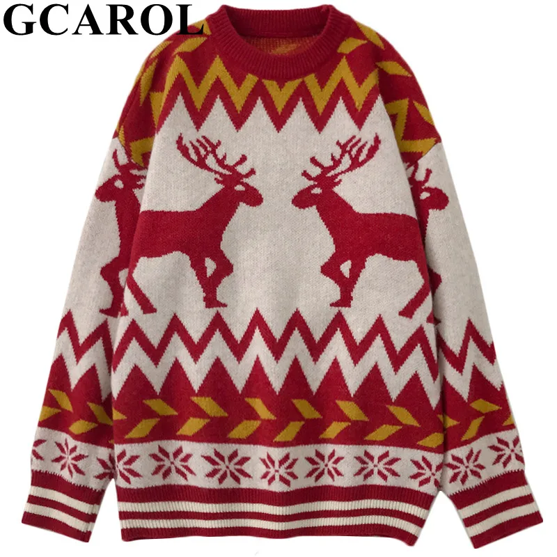 Красный GCAROL, новинка, Зимний Рождественский женский свитер с лосем, негабаритный, с заниженным плечом, с геометрическим рисунком, красивый стиль, толстый вязаный джемпер, свитер для ленивых - Цвет: Красный