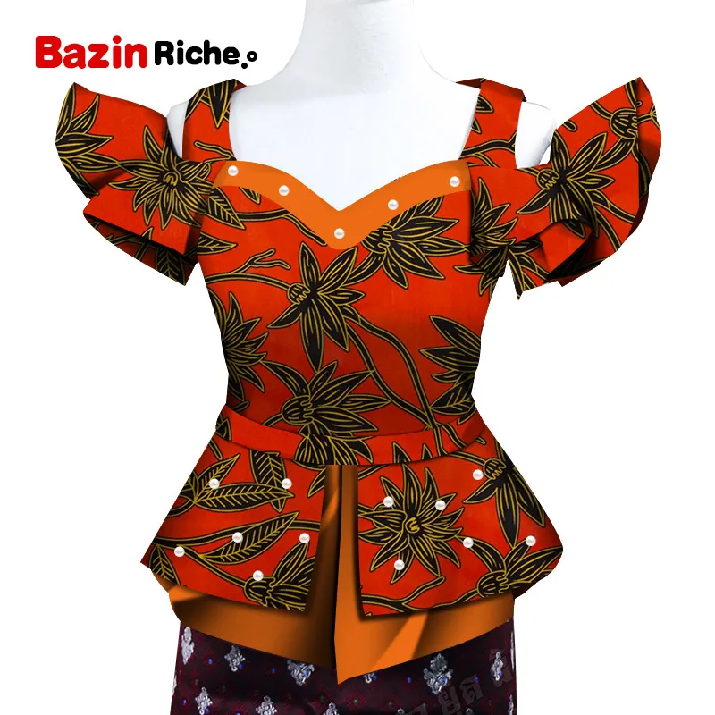 Fashion Shirt African Print Top for Women Bazin Riche Pearls Double Ruffles Top Cotton Dashiki African Clothing WY5096