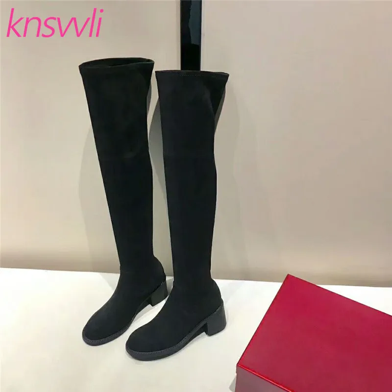 Knsvvli/эластичные высокие сапоги до бедра; женская кожаная обувь с круглым носком; женские ботфорты на толстом высоком каблуке; женская обувь; zapatos De Mujer