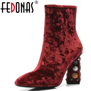 

FEDONAS Classic Prom Dancing Shoes Woman Winter Warm Flock Chelsea Short Boots Metal High Heels Big Size Women Ankle Boots