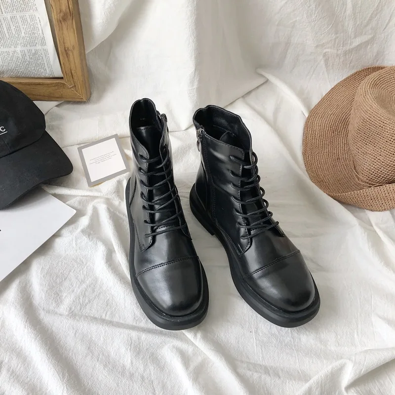 

2019 Martin Korean-style CHIC England qiu dong xue Female Black-Style Versatile Solid Color Pu Women's Hight-top Ankle Boots Win