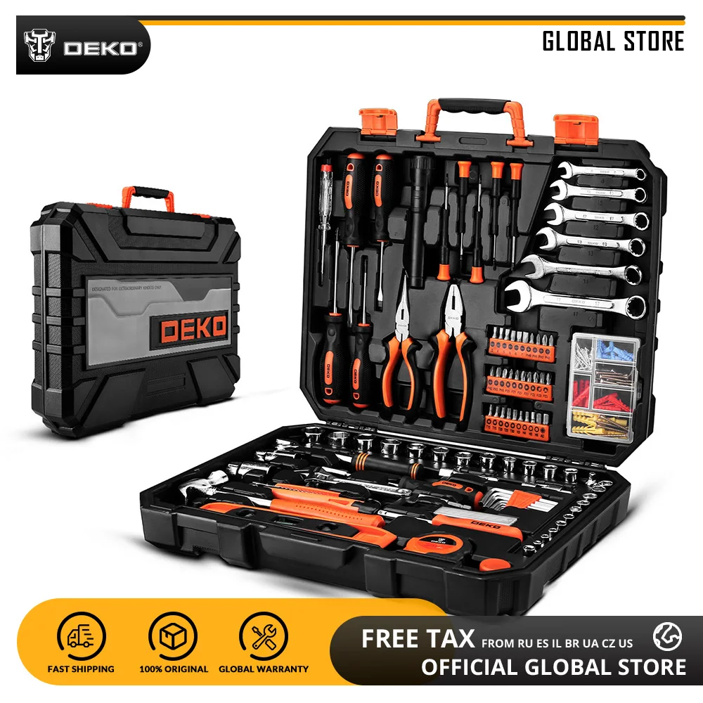 DEKO 208 Pcs Professional Car Repair Tool Set Auto Ratchet Spanner Screwdriver Socket Mechanics Tools Kit W/ Blow-Molding Box