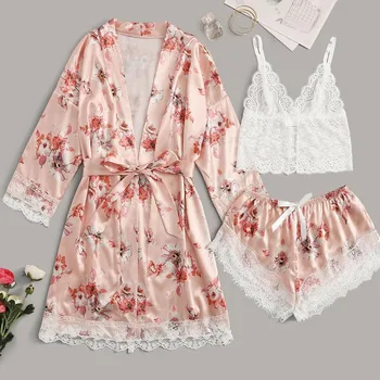 

3 Piece Women Pajamas Set Stain Soft Pyjama Spring Summer Women Nightwear Printing Silk Shorts Homewear 2020 Spring Autumn #z