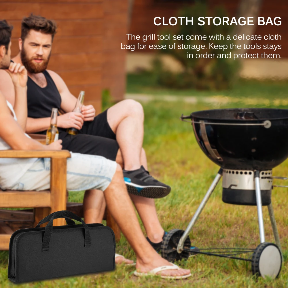 5 PCS Home BBQ Grill Tools Set Stainless Steel Portable Barbecue Picnic BBQ Accessories with Cloth Storage Bag Outdoor Tableware