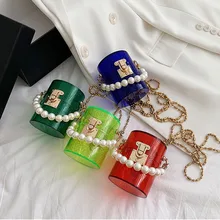 

Mini Cylinder Transparent Pearl Crossbody Shoulder Bag for Women Female Luxury Designer Chain Messenger Bags Girls Purse Handbag